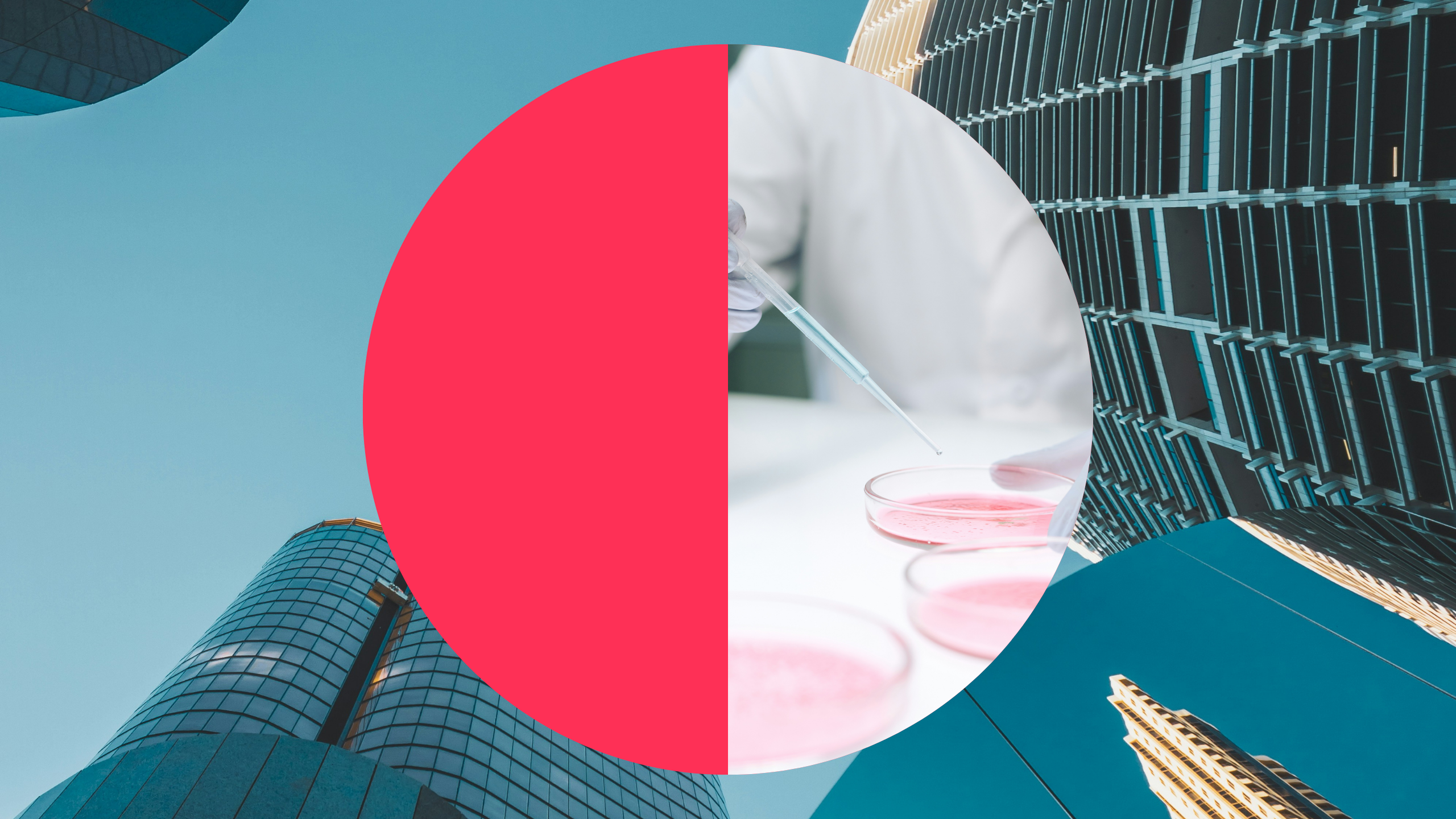 A stylised image combining biotech lab work and high-rise corporate buildings, representing the intersection of science and investment. The visual reflects Axion’s focus on supporting VC- and PE-backed life sciences companies with strategic, compliant hiring as they scale.